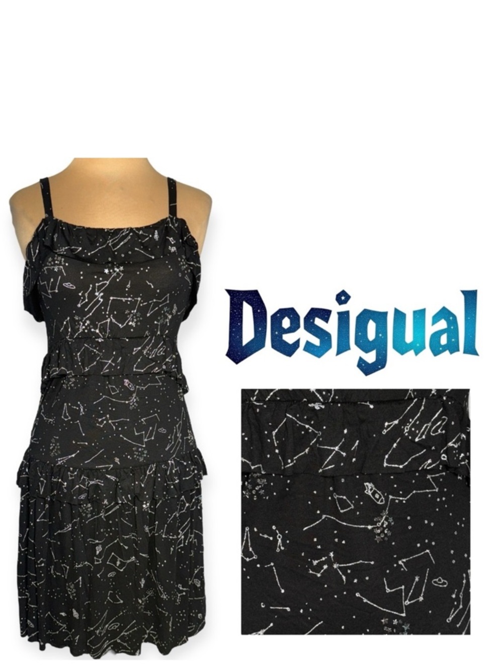 DESIGUAL black slip dress with silver sparkle outer space star constellations S